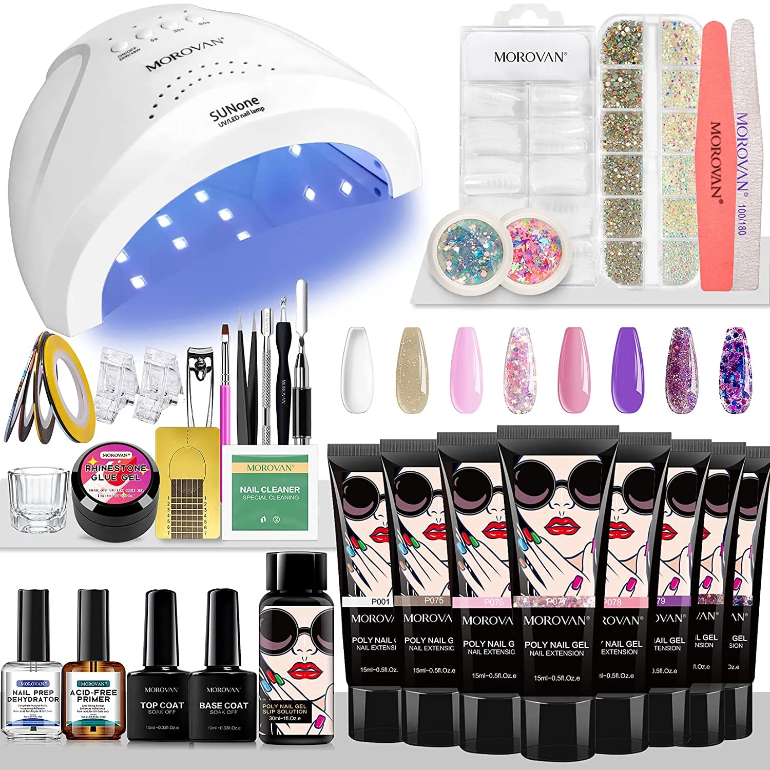 Morovan Poly Gel Nail Kit Builder Gel for Nails with 48W LED Nail Lamp Nail Extension Gel 8 Pcs 0.5oz with Slip Solution Nail Prep Dehydrator and Nail Primer Poly Nail Gel Kit Nail Art Supplies