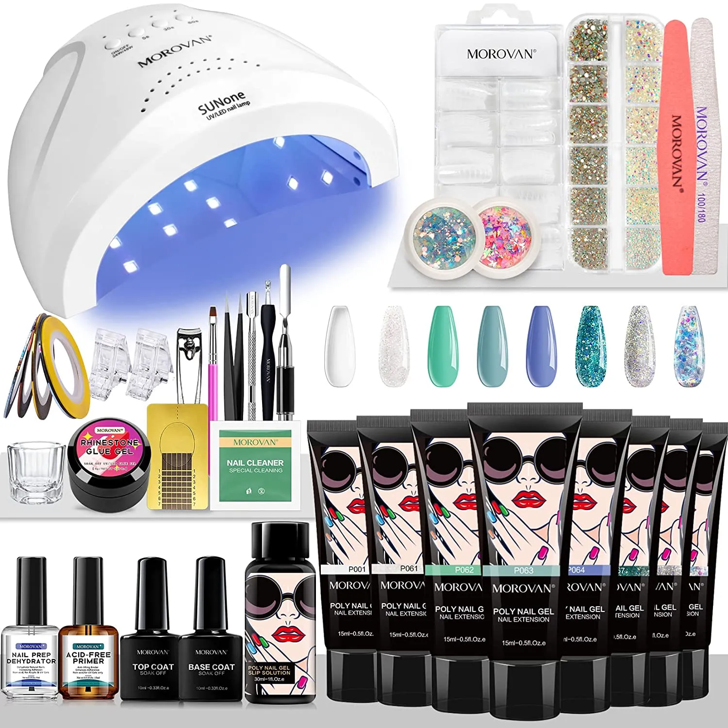 Morovan Poly Gel Nail Kit Builder Gel for Nails with 48W LED Nail Lamp Nail Extension Gel 8 Pcs 0.5oz with Slip Solution Nail Prep Dehydrator and Nail Primer Poly Nail Gel Kit Nail Art Supplies