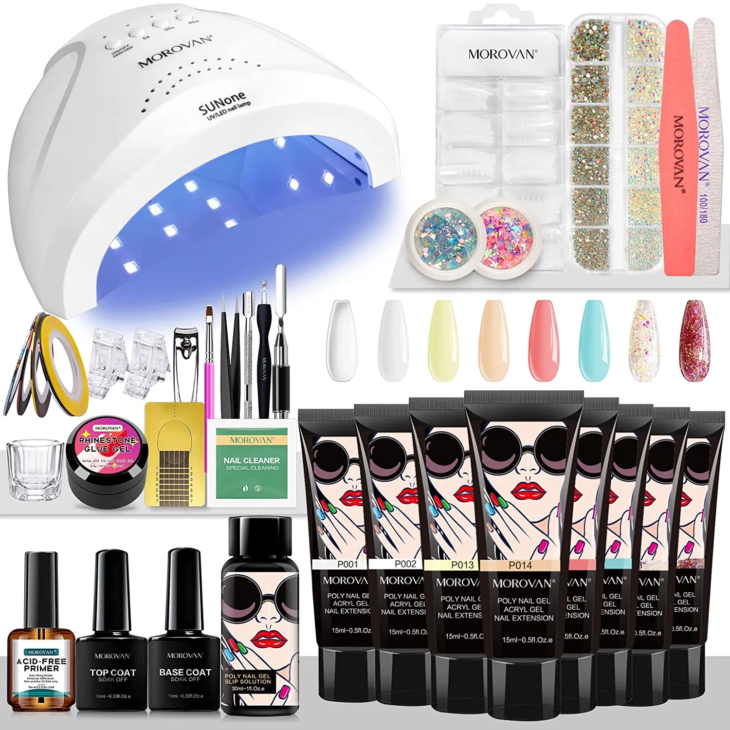 Morovan Poly Gel Nail Kit Builder Gel for Nails with 48W LED Nail Lamp Nail Extension Gel 8 Pcs 0.5oz with Slip Solution Nail Prep Dehydrator and Nail Primer Poly Nail Gel Kit Nail Art Supplies