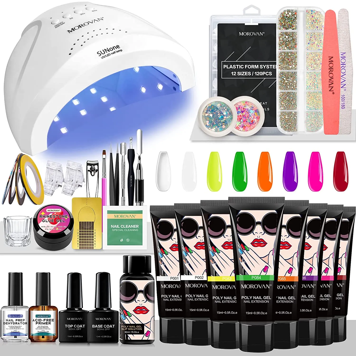 Morovan Poly Gel Nail Kit Builder Gel for Nails with 48W LED Nail Lamp Nail Extension Gel 8 Pcs 0.5oz with Slip Solution Nail Prep Dehydrator and Nail Primer Poly Nail Gel Kit Nail Art Supplies