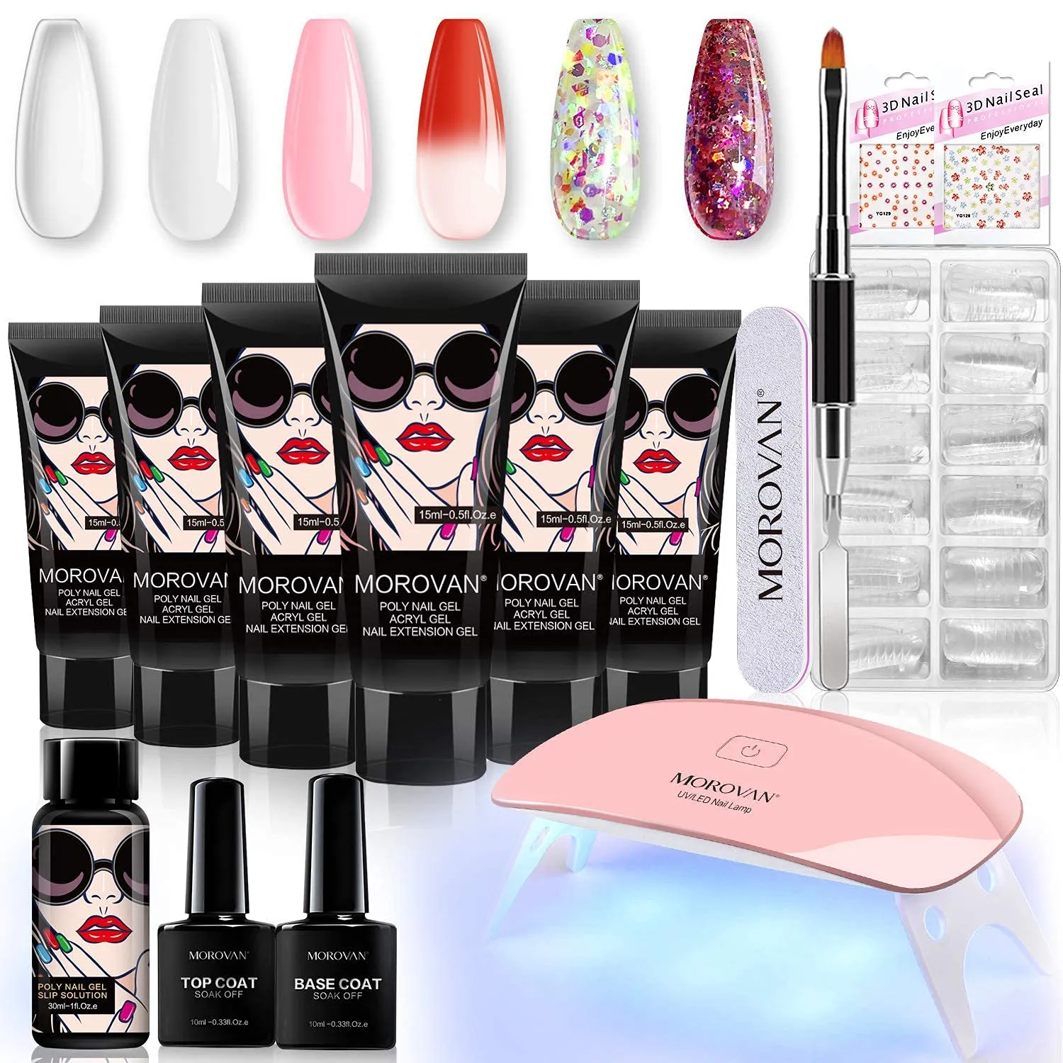 Morovan Poly Gel Nail Kit Builder Gel for Nails with 48W LED Nail Lamp Nail Extension Gel 8 Pcs 0.5oz with Slip Solution Nail Prep Dehydrator and Nail Primer Poly Nail Gel Kit Nail Art Supplies