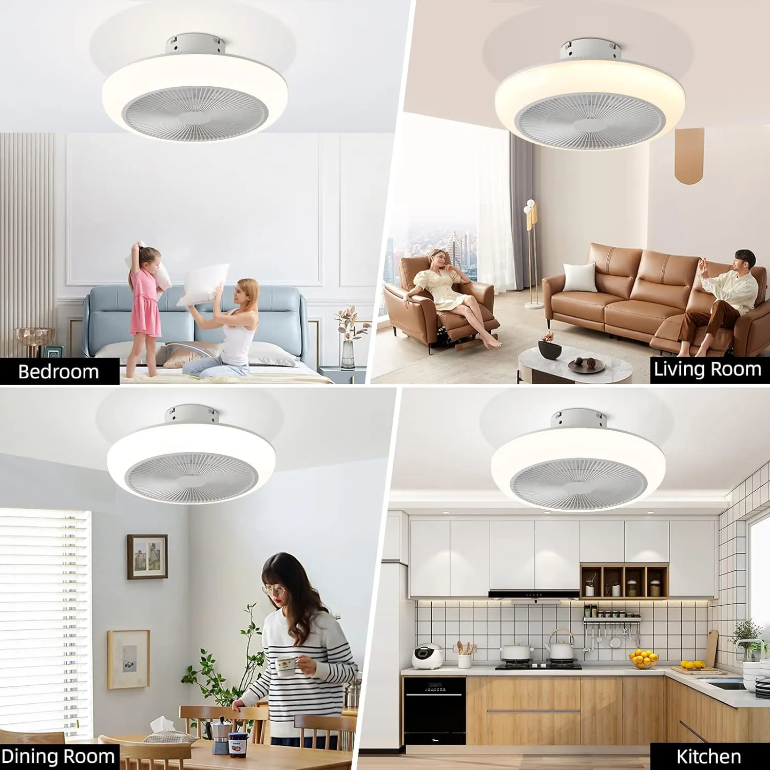 NEW Ceiling Fan with Lights Remote Control 18" Modern Bladeless Ceiling Fan 72W Low Profile Flush Mount Ceiling Fan Light Kits Smart LED Dimmable Enclosed Ceiling Fan for Bedroom Kitchen Living Room, Retails $129 