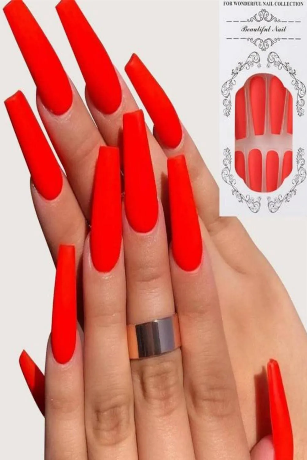 Press On Nails French Tip Neon Matte Glossy Coffin Nail Kit
