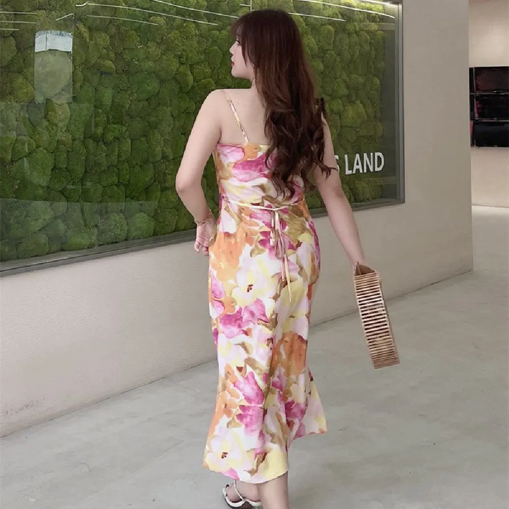 Printed Tulip Slant Collar Slip Dress