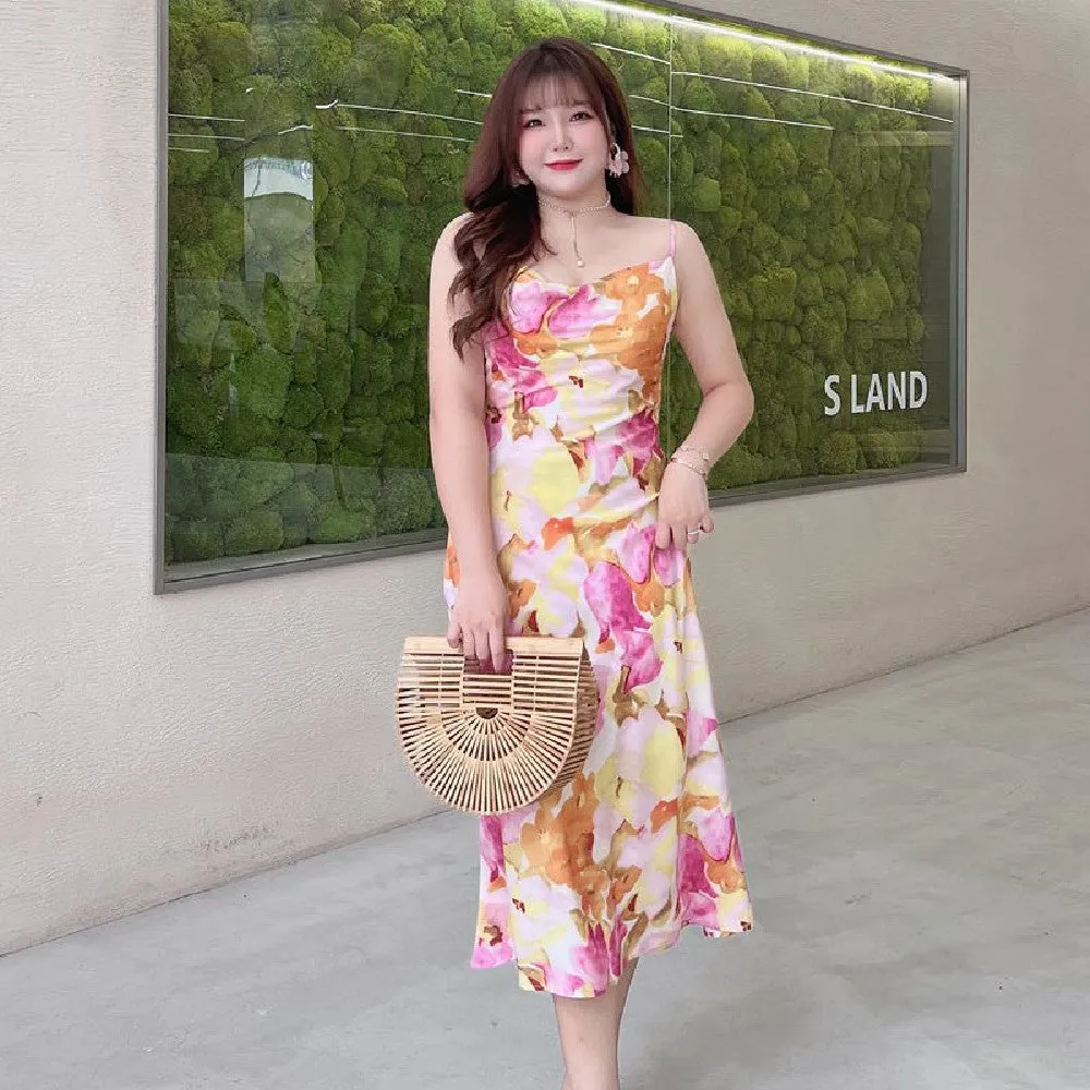 Printed Tulip Slant Collar Slip Dress