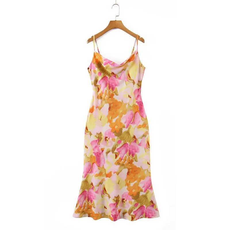 Printed Tulip Slant Collar Slip Dress
