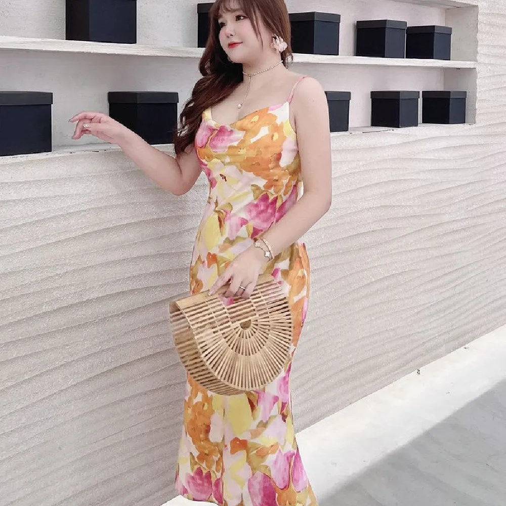Printed Tulip Slant Collar Slip Dress