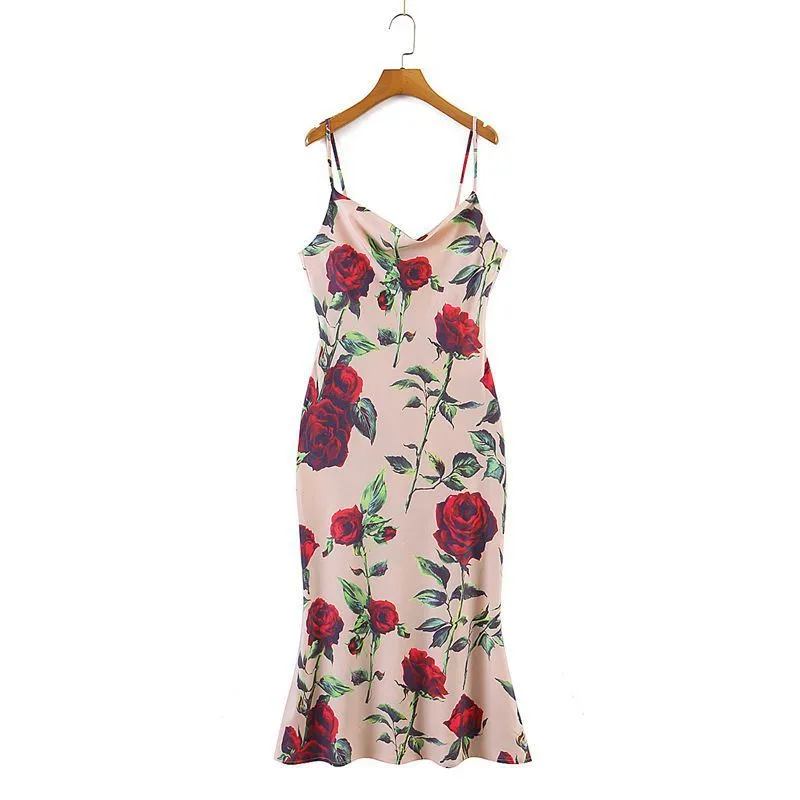 Printed Tulip Slant Collar Slip Dress