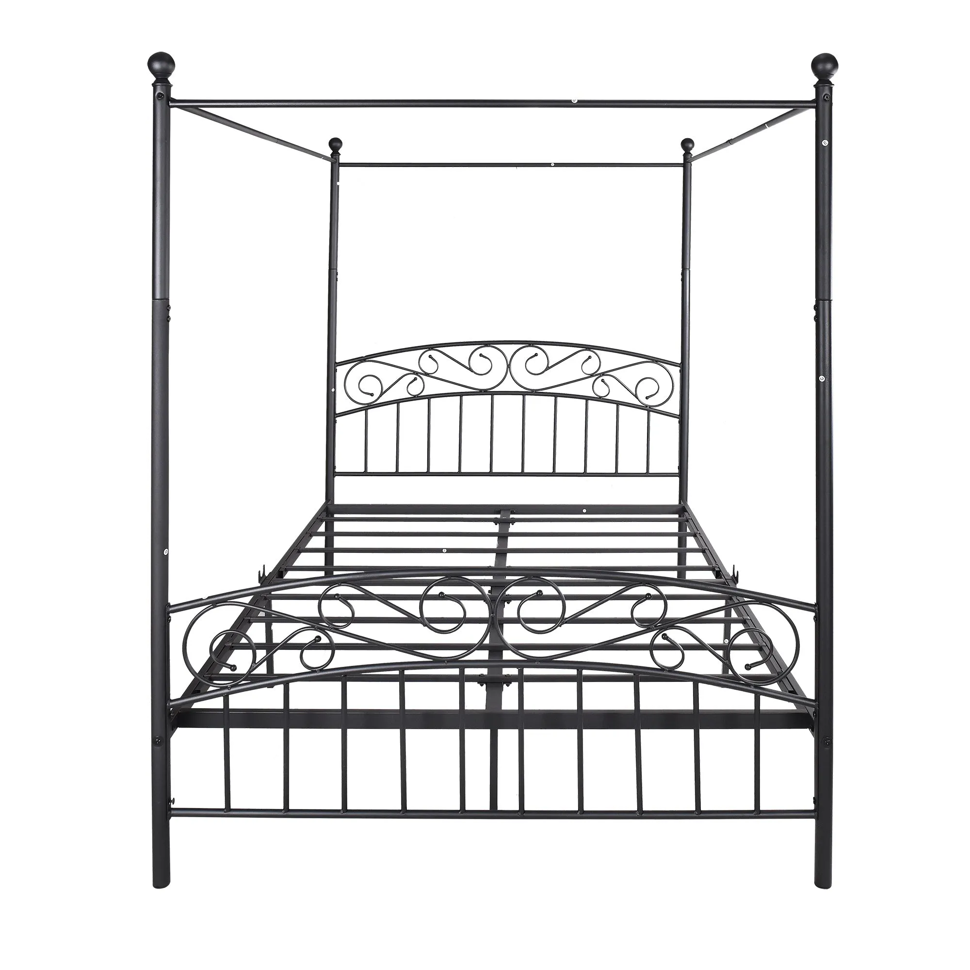 Queen Size Metal Canopy Bed Frame with Headboard and Footboard Black