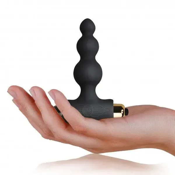 Rocks off Silicone Black Ribbed Butt Plug with 7-functions