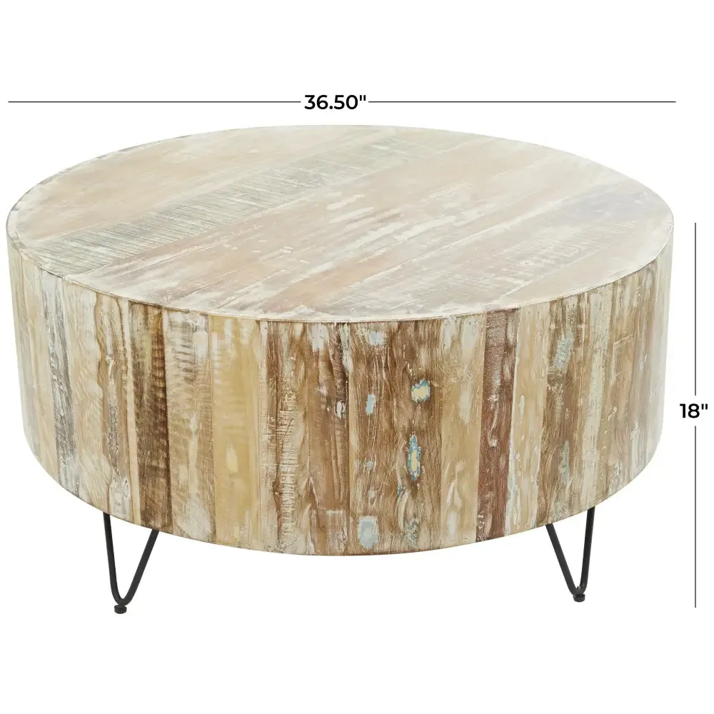 Rustic Round Coffee Table with Natural Wood Top and Metal Legs