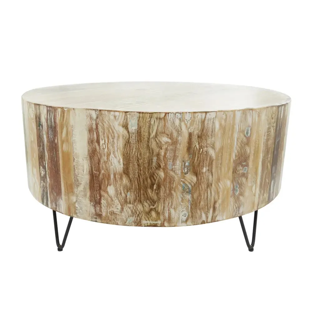 Rustic Round Coffee Table with Natural Wood Top and Metal Legs