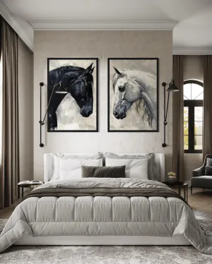 Set of 2 Black And White Horses Romantic Framed Canvas Wall Art