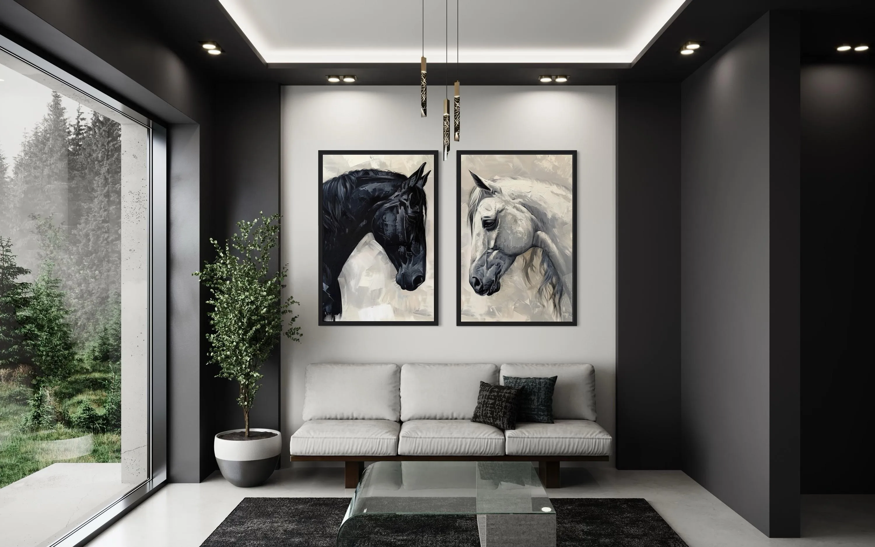 Set of 2 Black And White Horses Romantic Framed Canvas Wall Art