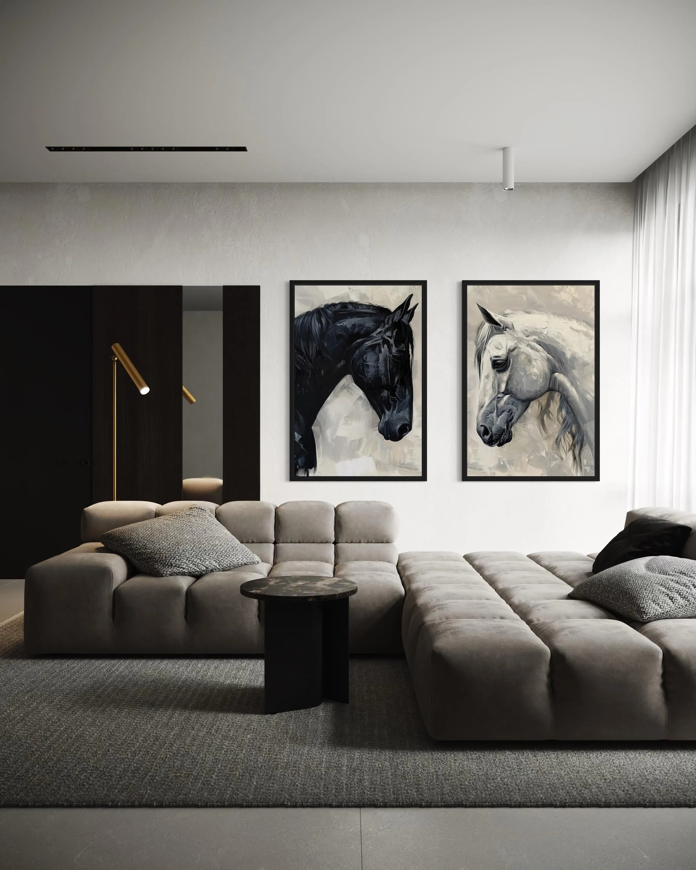 Set of 2 Black And White Horses Romantic Framed Canvas Wall Art