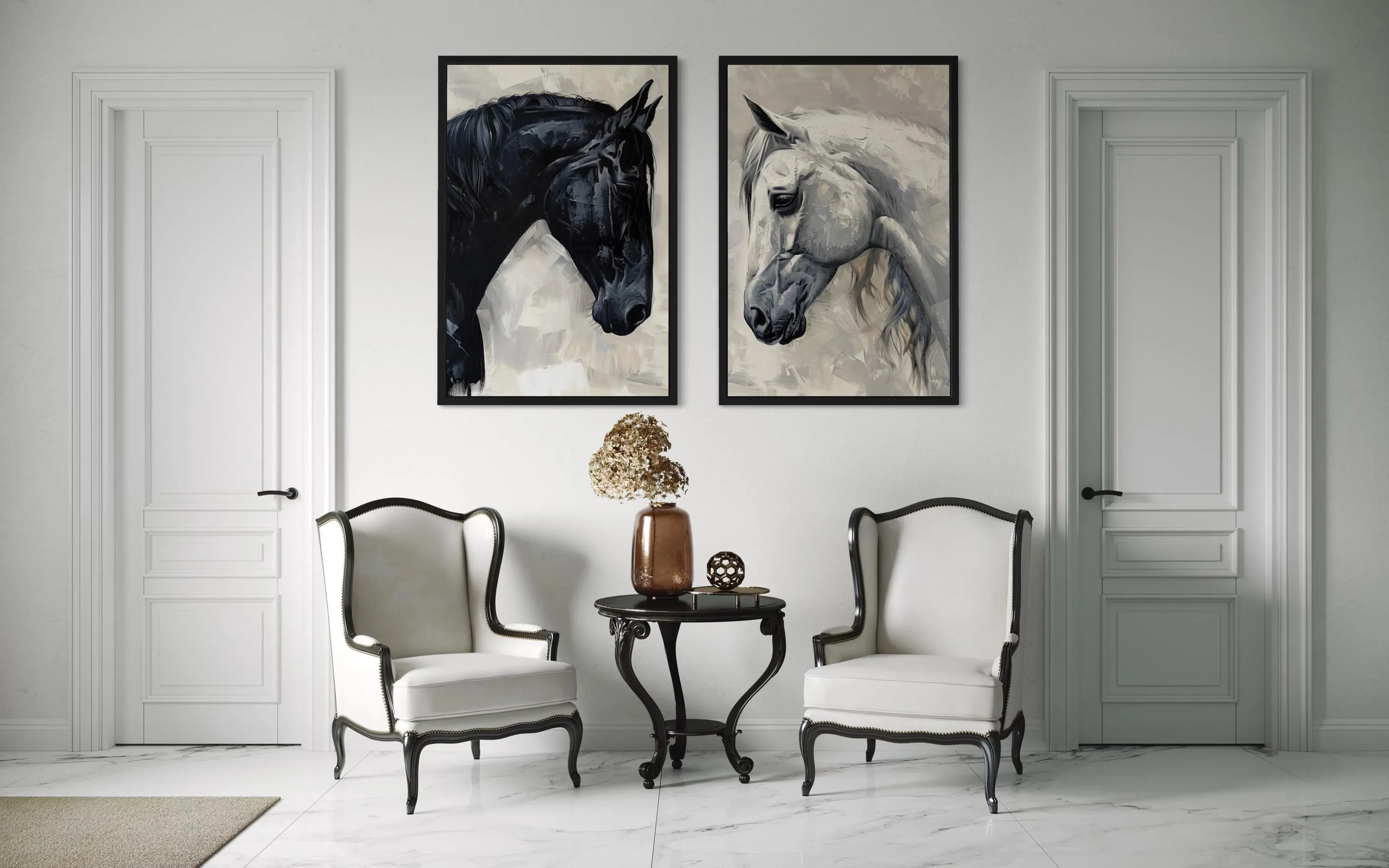 Set of 2 Black And White Horses Romantic Framed Canvas Wall Art