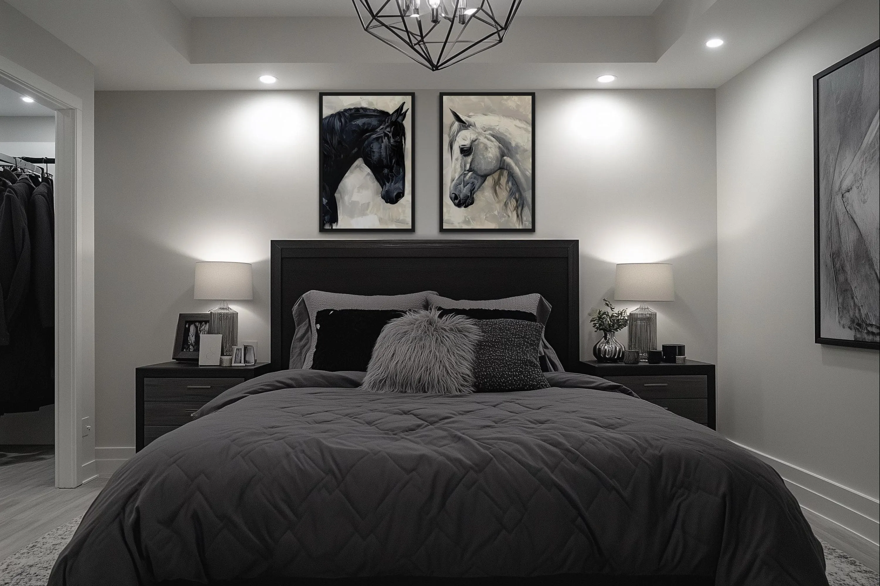 Set of 2 Black And White Horses Romantic Framed Canvas Wall Art