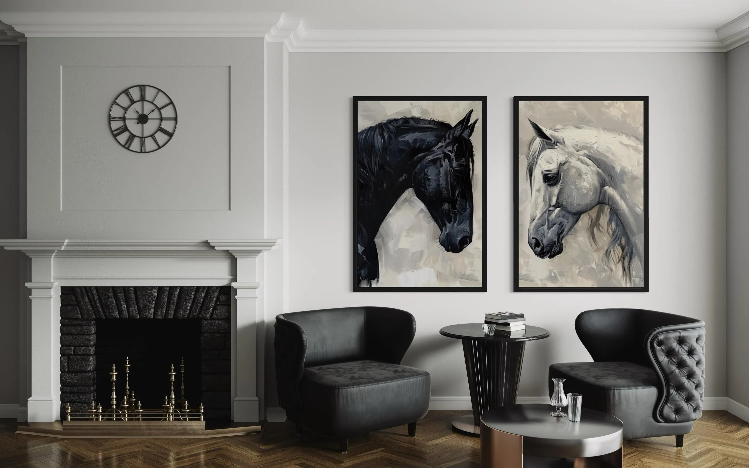 Set of 2 Black And White Horses Romantic Framed Canvas Wall Art