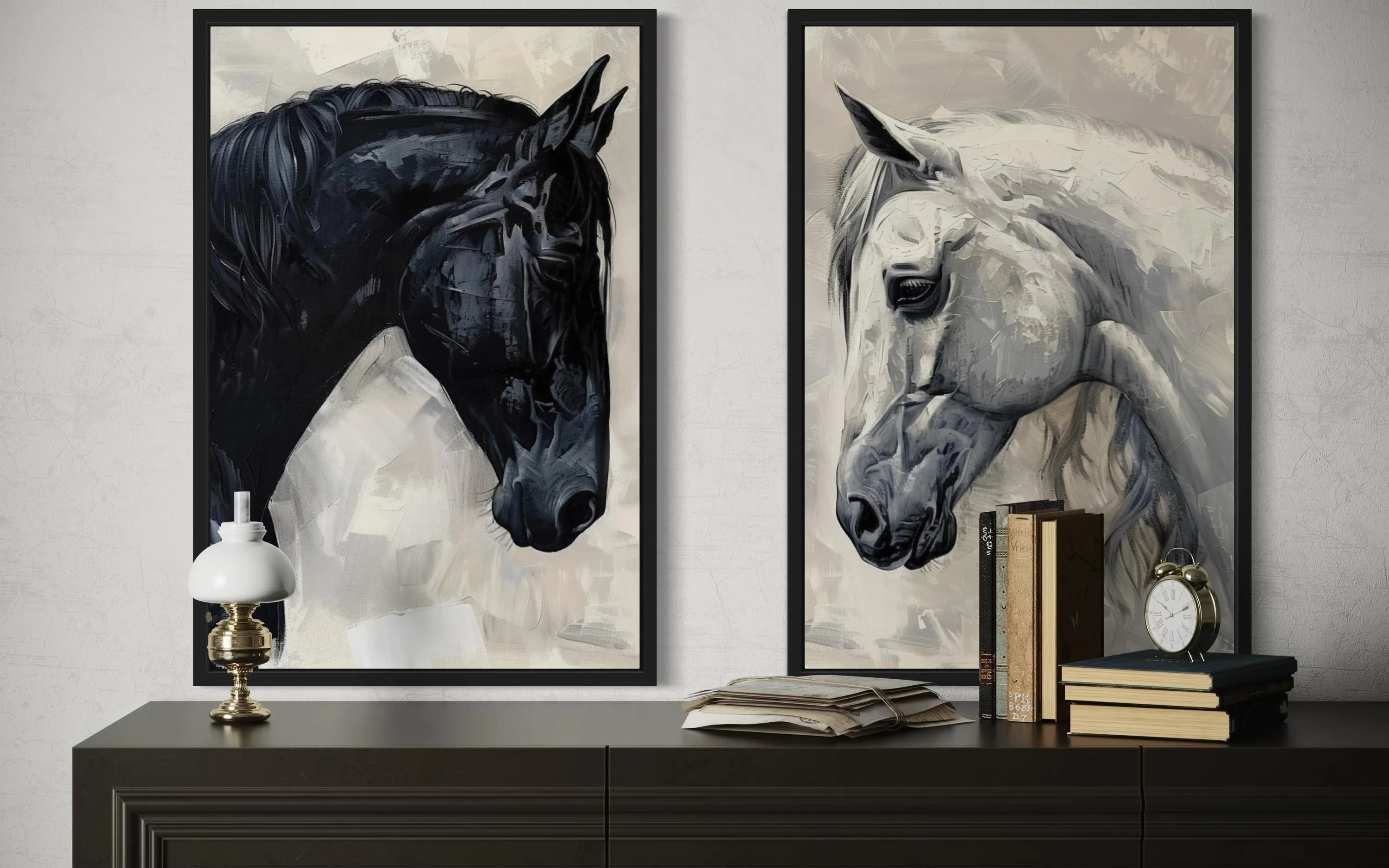 Set of 2 Black And White Horses Romantic Framed Canvas Wall Art