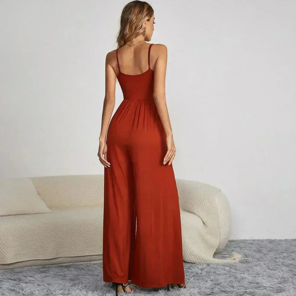 Spaghetti Strap Wide-Leg Jumpsuit | Soft Polyester Blend | Casual and Stylish