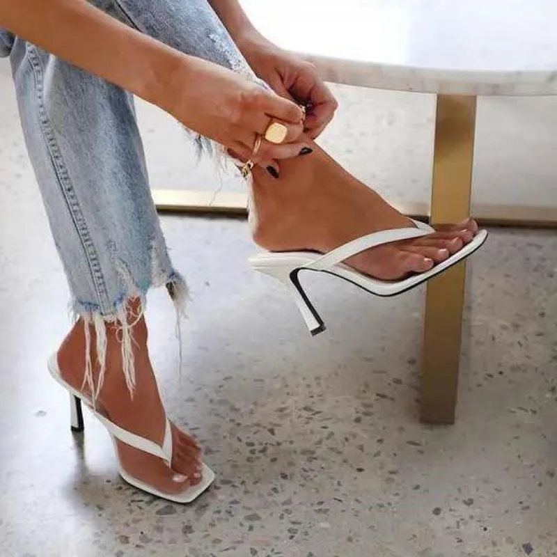 Stylish Heel Flip Flops Black High Heels White Sandals Mules Slippers Ladies Summer Shoes 36-42 Calzado Mujer