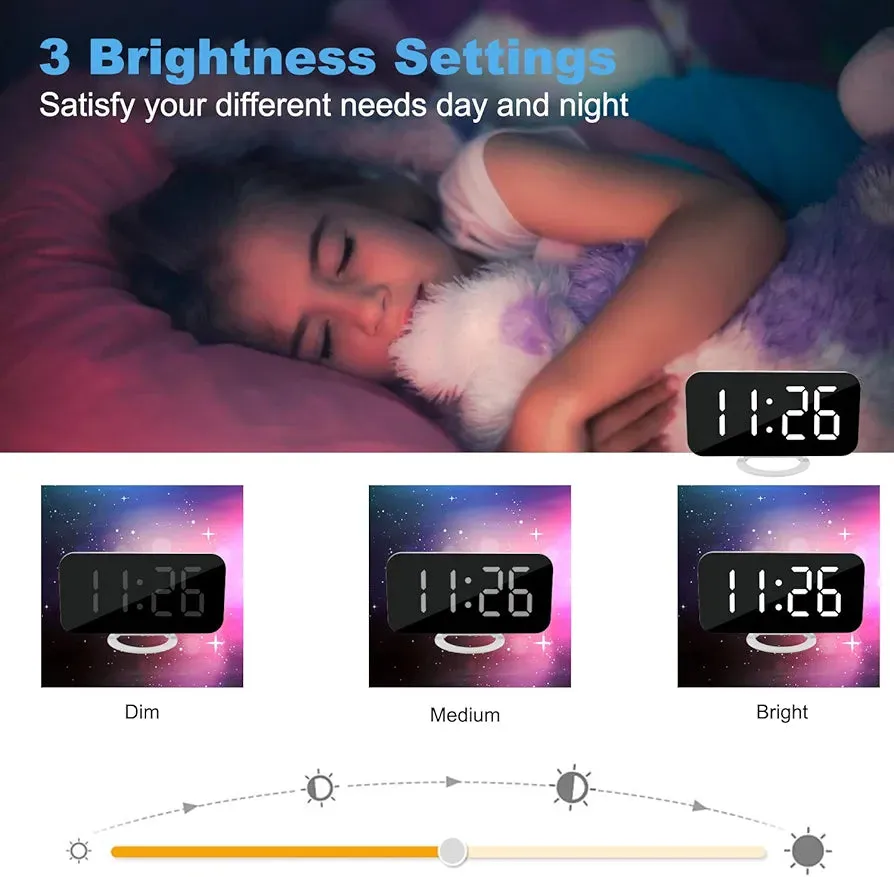 SZELAM Digital Clock Large Display, LED Electric Alarm Clocks Mirror Surface for Makeup with Diming Mode, 3 Levels Brightness, Dual USB Ports Modern Decoration for Home Bedroom Decor-White