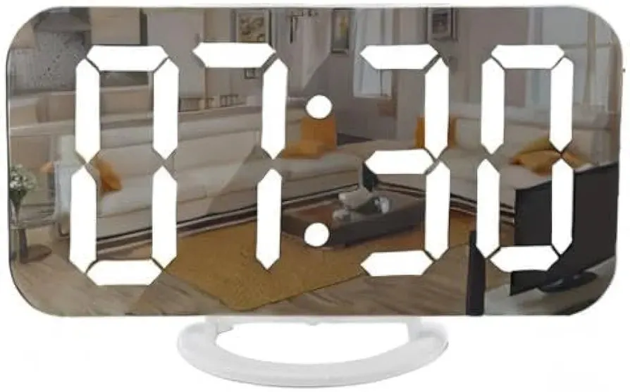 SZELAM Digital Clock Large Display, LED Electric Alarm Clocks Mirror Surface for Makeup with Diming Mode, 3 Levels Brightness, Dual USB Ports Modern Decoration for Home Bedroom Decor-White