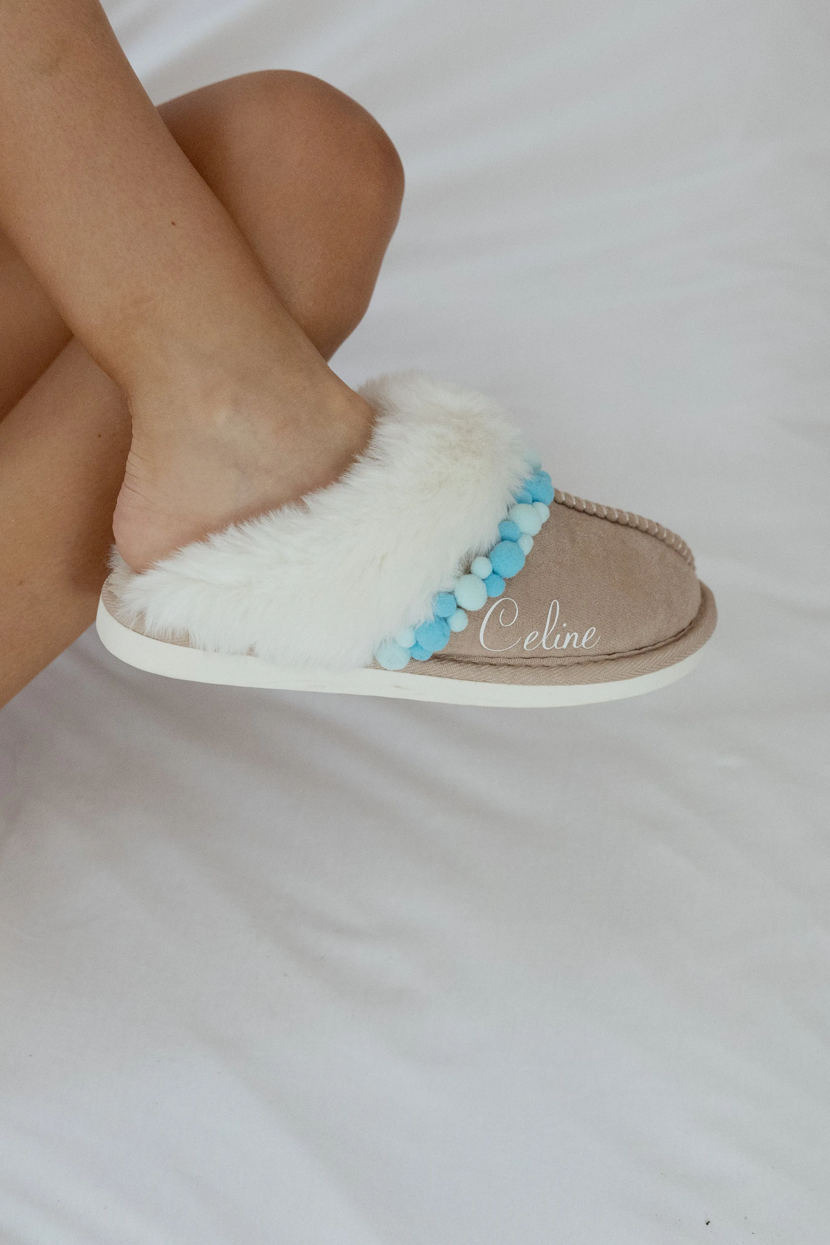 Taupe Pompom Personalized Slippers