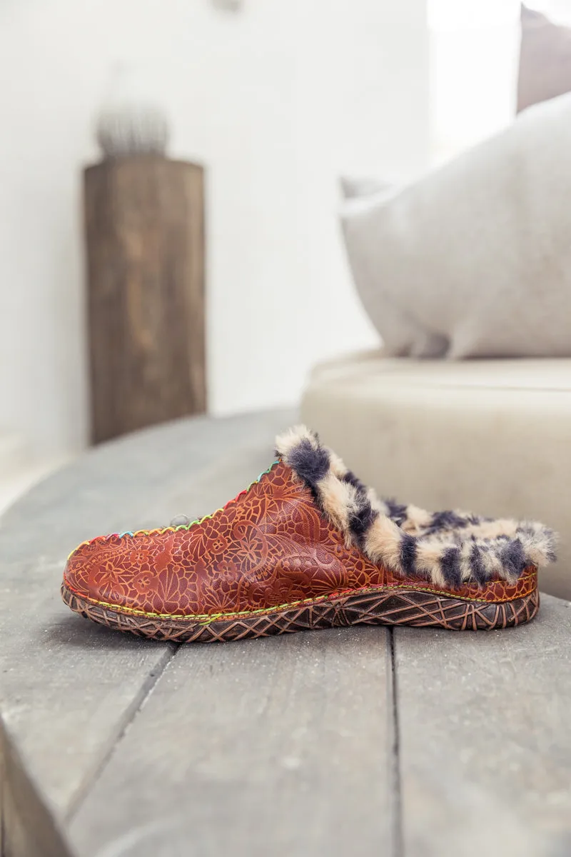 Tiger Printed Wool Lined Applique Leather Slipper - Brown
