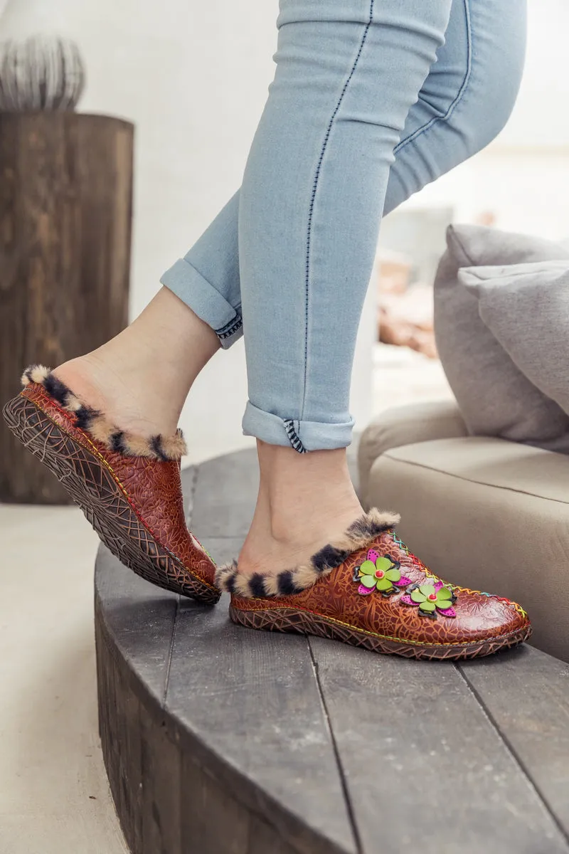 Tiger Printed Wool Lined Applique Leather Slipper - Brown