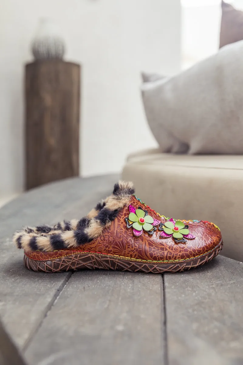 Tiger Printed Wool Lined Applique Leather Slipper - Brown
