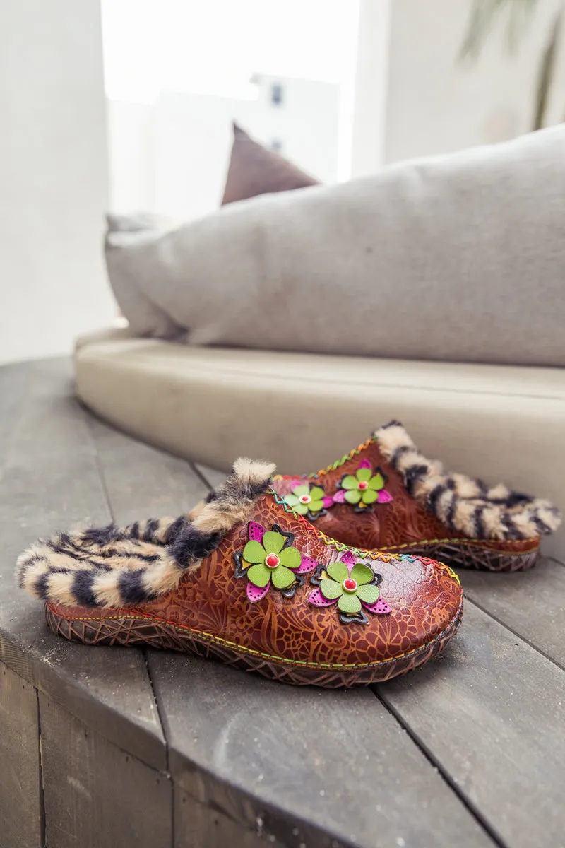 Tiger Printed Wool Lined Applique Leather Slipper - Brown
