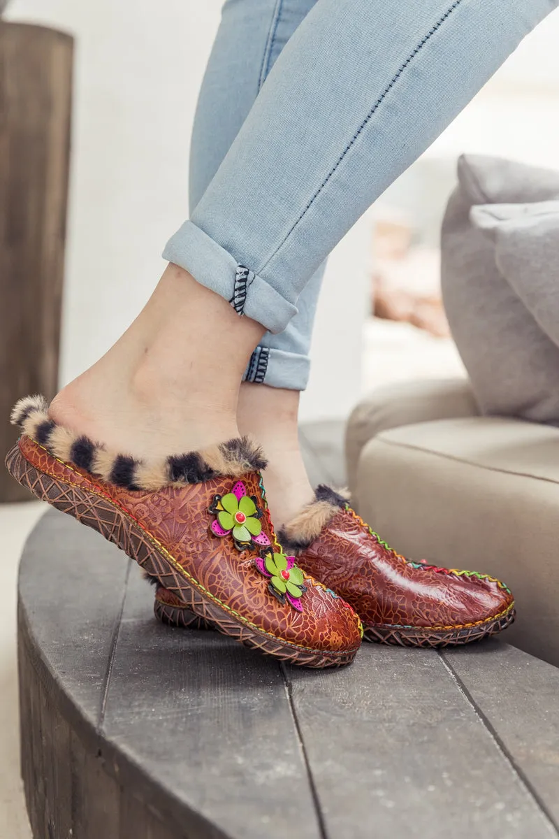 Tiger Printed Wool Lined Applique Leather Slipper - Brown