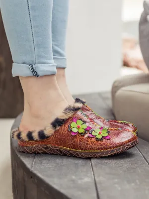 Tiger Printed Wool Lined Applique Leather Slipper - Brown