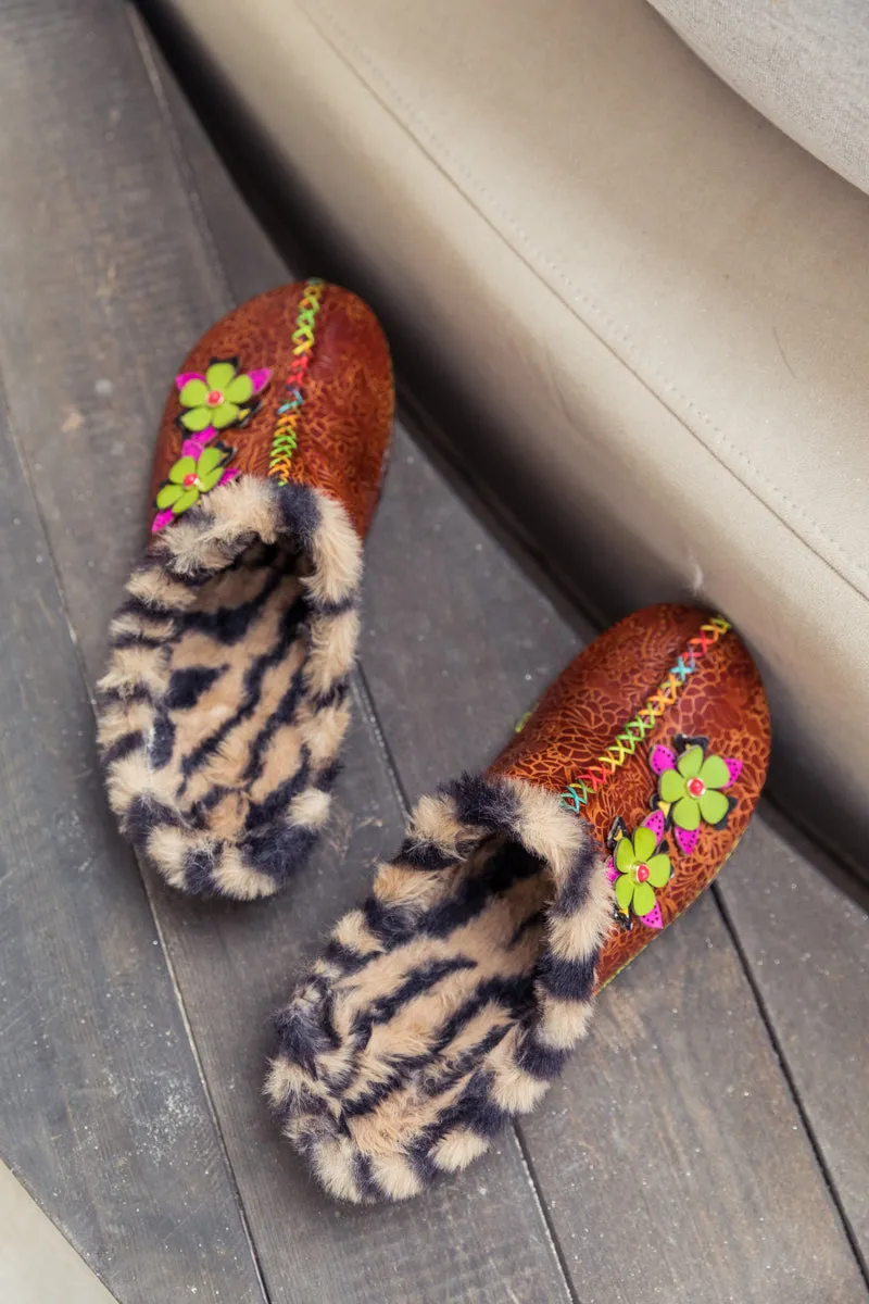 Tiger Printed Wool Lined Applique Leather Slipper - Brown