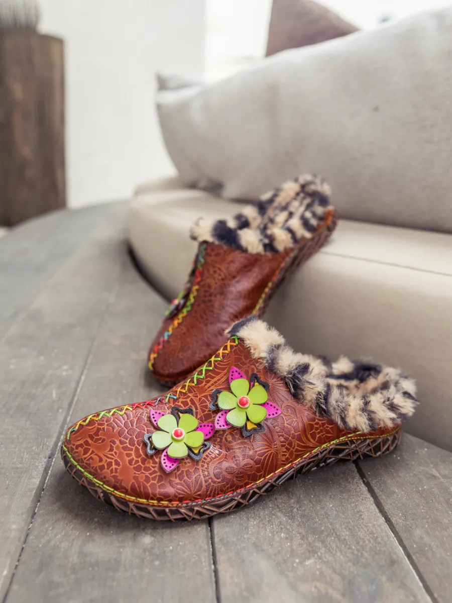 Tiger Printed Wool Lined Applique Leather Slipper - Brown