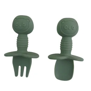 Tiny Teethers Mini Fork   Spoon Silicone Utensil Set - Sage
