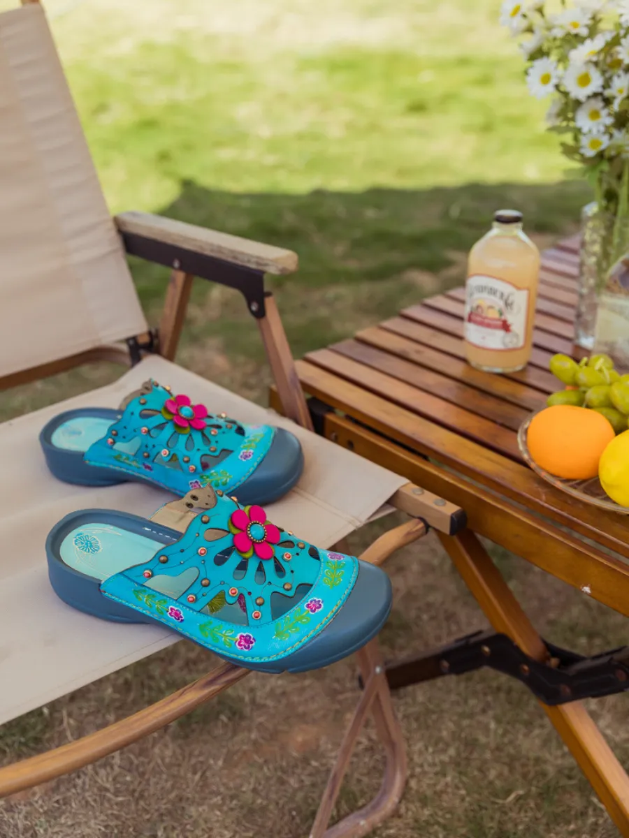Turquoise Floral-Applique Cutout Leather Sandal