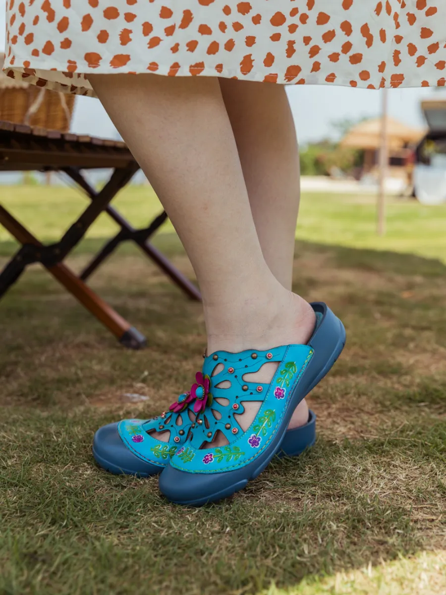 Turquoise Floral-Applique Cutout Leather Sandal