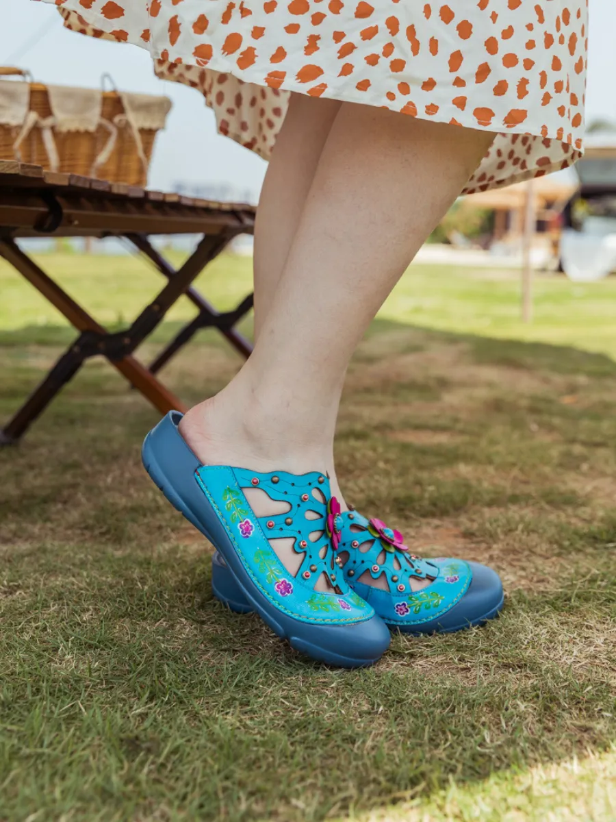 Turquoise Floral-Applique Cutout Leather Sandal