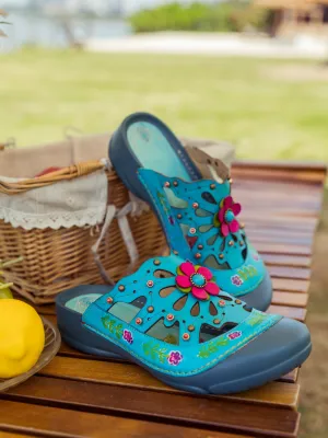 Turquoise Floral-Applique Cutout Leather Sandal