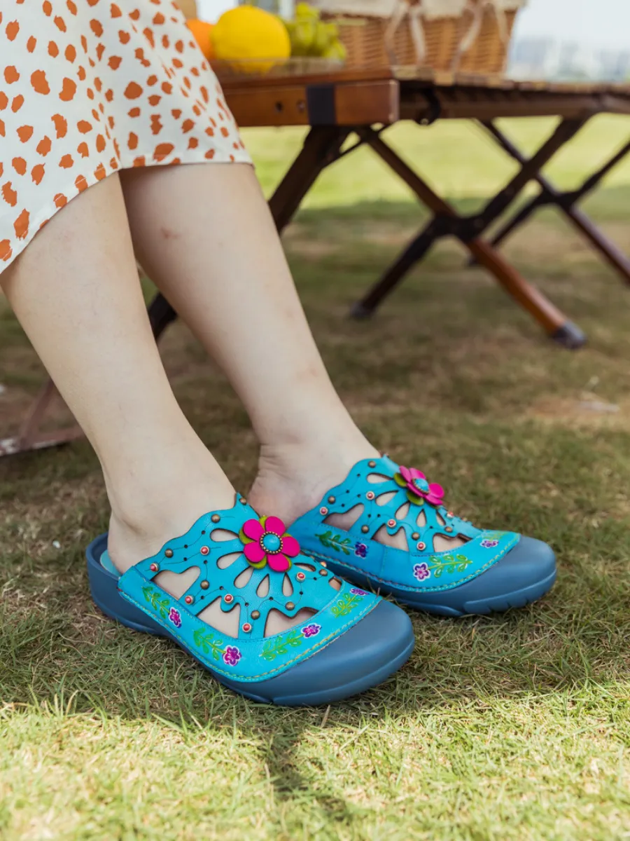 Turquoise Floral-Applique Cutout Leather Sandal