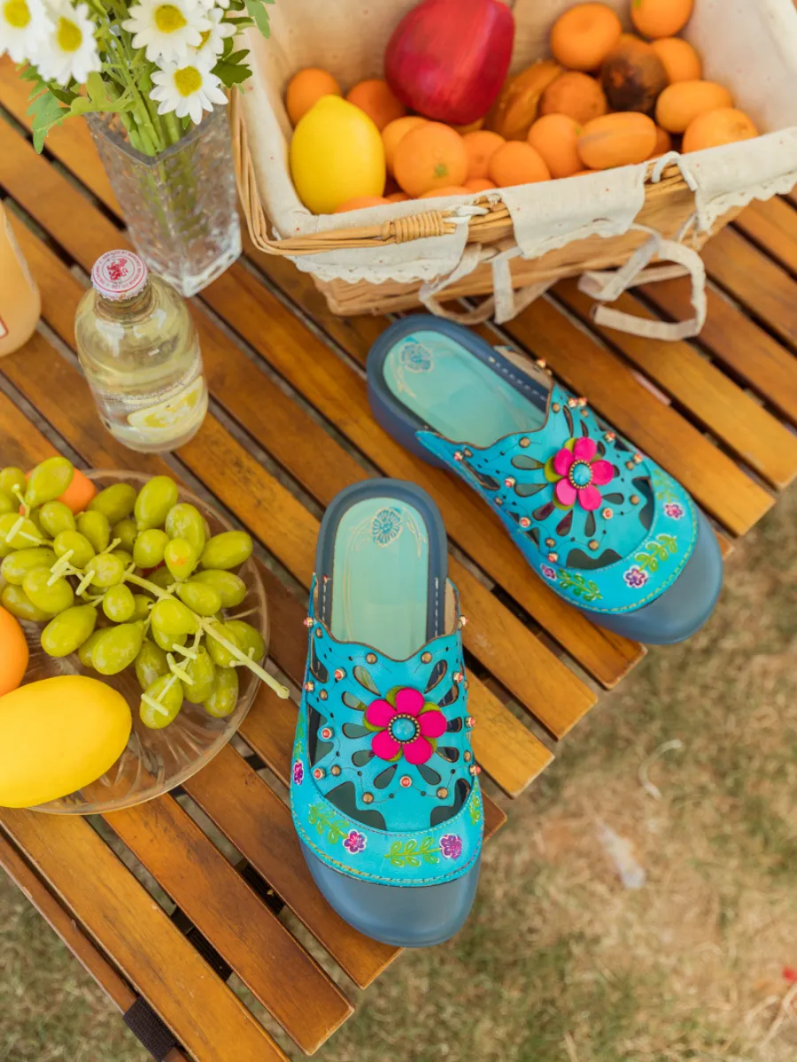 Turquoise Floral-Applique Cutout Leather Sandal