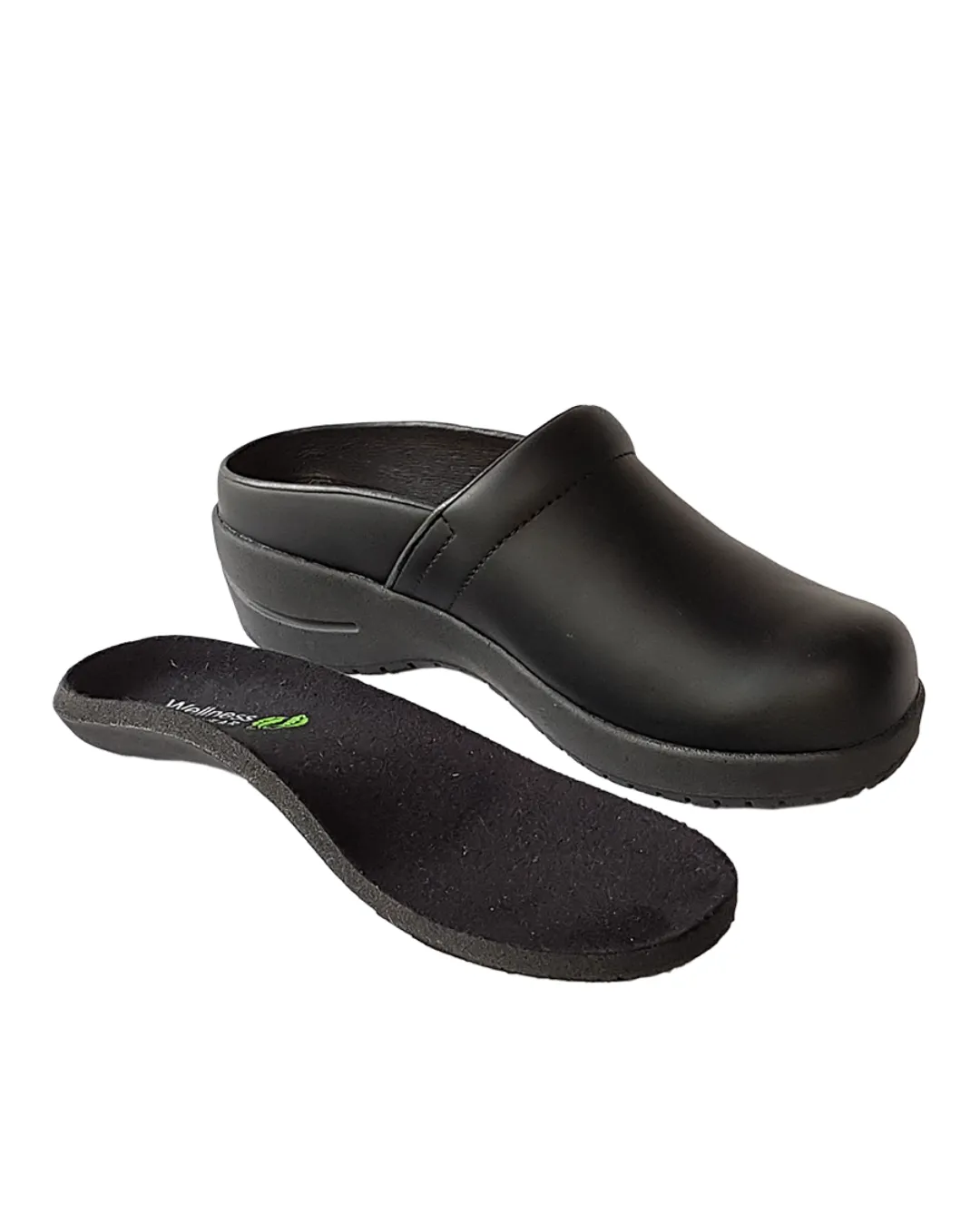 Wellness Faves Open Black Leather Clog