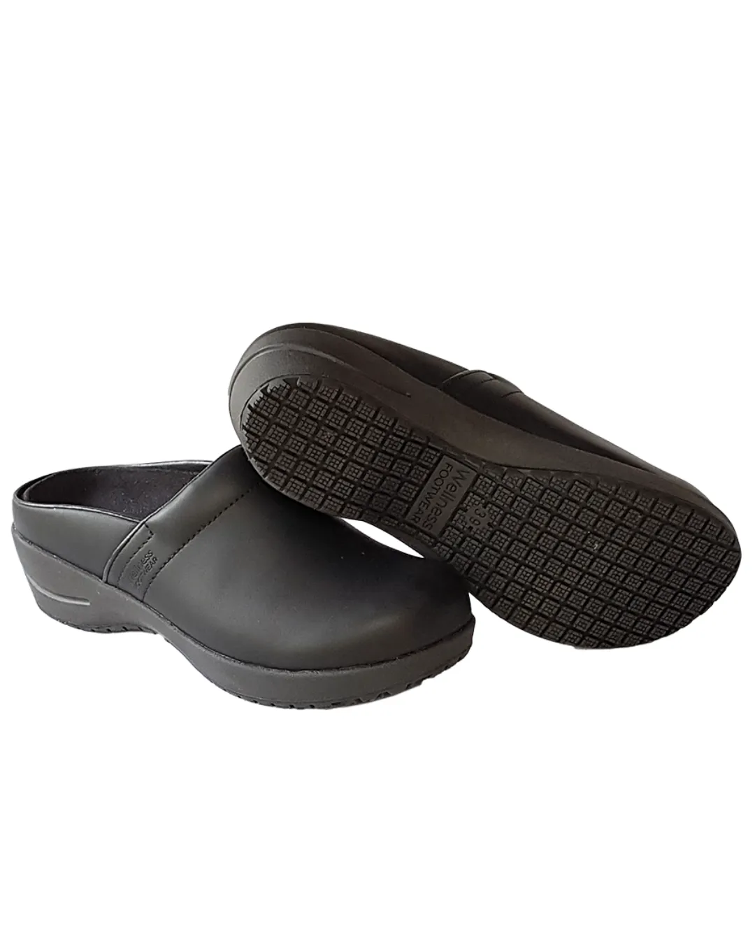 Wellness Faves Open Black Leather Clog