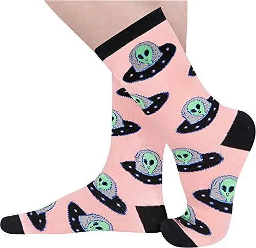 Women Alien Print Crew Socks, Alien Socks Funny Socks for Women,  Novelty Socks, Funky Socks, Alien Gifts for ufo enthusiast, Outer Space Gifts