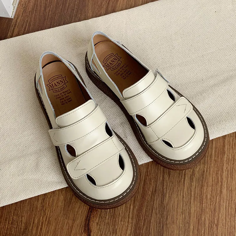 Women Perforated Breathable Genuine Leather Slip-Ons