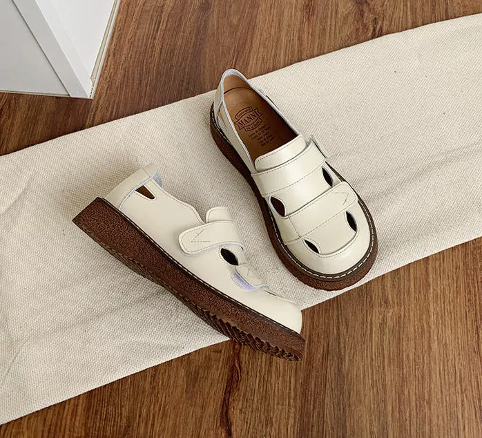 Women Perforated Breathable Genuine Leather Slip-Ons