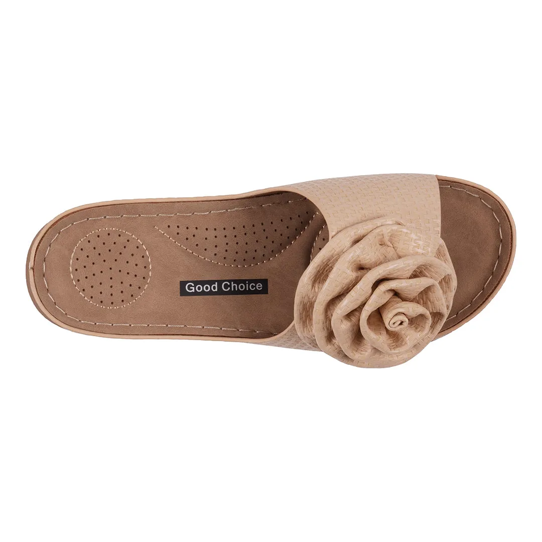 Women's Honey Natural Flower Rosette Flat Comfort Sandals