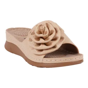 Women's Honey Natural Flower Rosette Flat Comfort Sandals